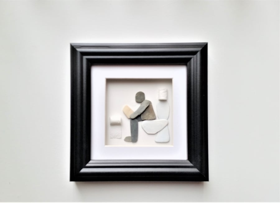 Pebble Art Man on Loo, Father's Day Gift, Bathroom Wall Decor Funny Gift for Him