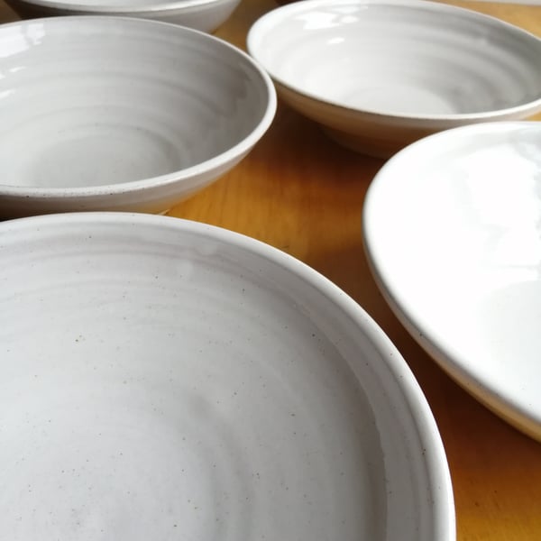 Handmade wheel thrown pottery stoneware pasta, ramen, salad bowl white glaze
