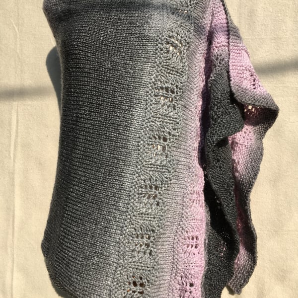 Unique Hand Knitted Lace Shawl in soft pinks and greys