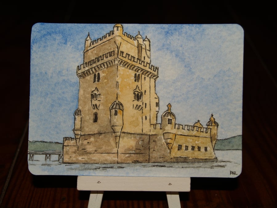 ACEO Original Torre De Belem watercolour Belem Tower