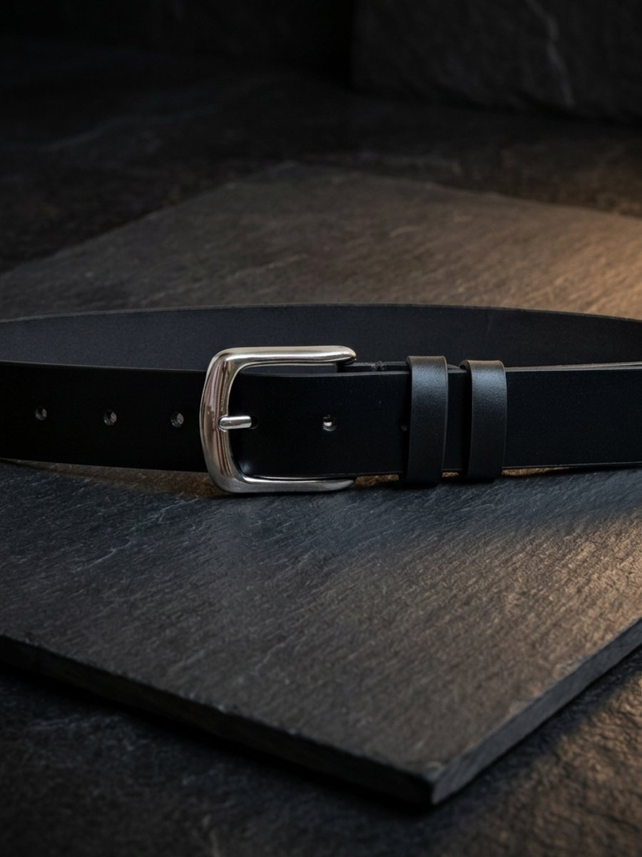 Black Full Grain Slim Dress Leather Belt Polished Silver Buckle Mens 35mm