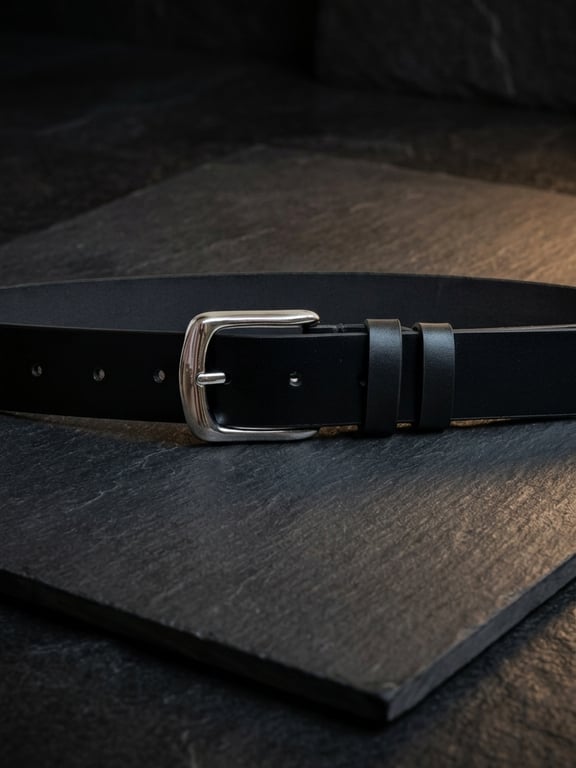 Black Full Grain Slim Dress Leather Belt Polished Silver Buckle Mens 35mm