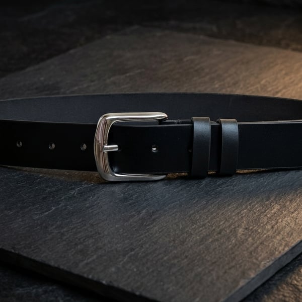 Black Full Grain Slim Dress Leather Belt Polished Silver Buckle Mens 35mm