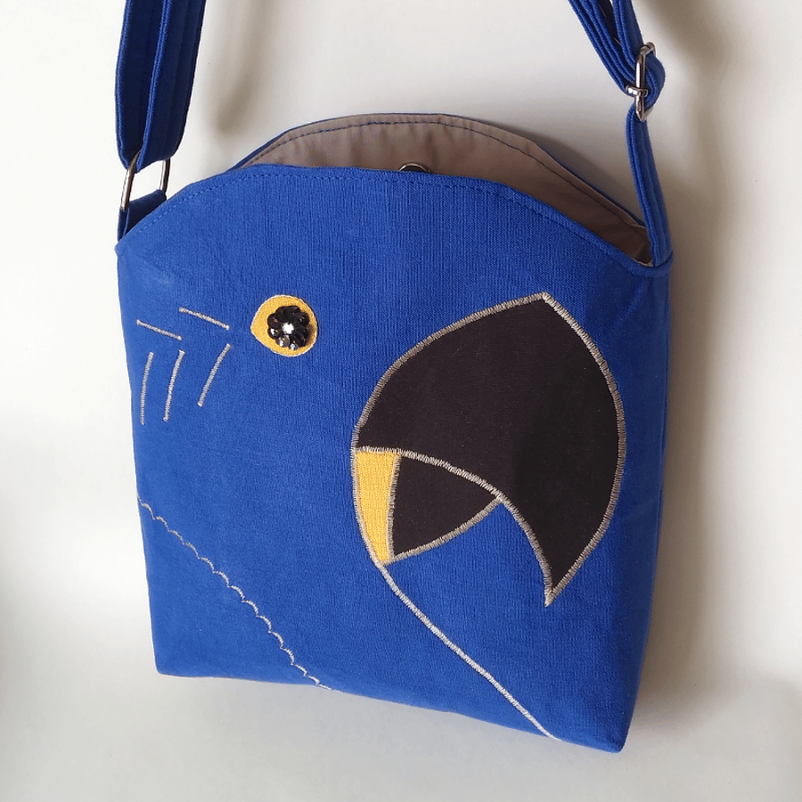 Blue crossbody bag inspired by Hyacinth Macaws