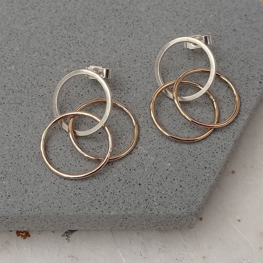Filled gold ring and recycled sterling silver wire circle stud drop earrings 