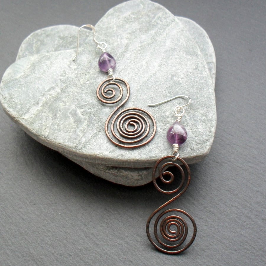 Copper Swirl Earrings With Amethyst and Sterling Silver