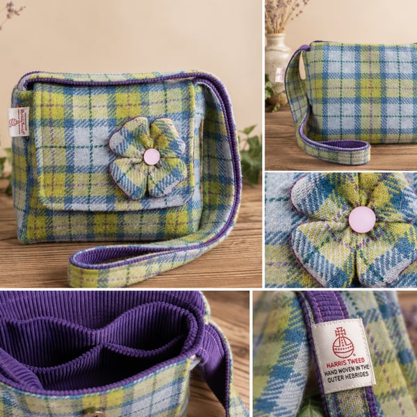 Handmade Harris Tweed Crossbody Bag with Clover Appliqué Green & Blue Tartan - 