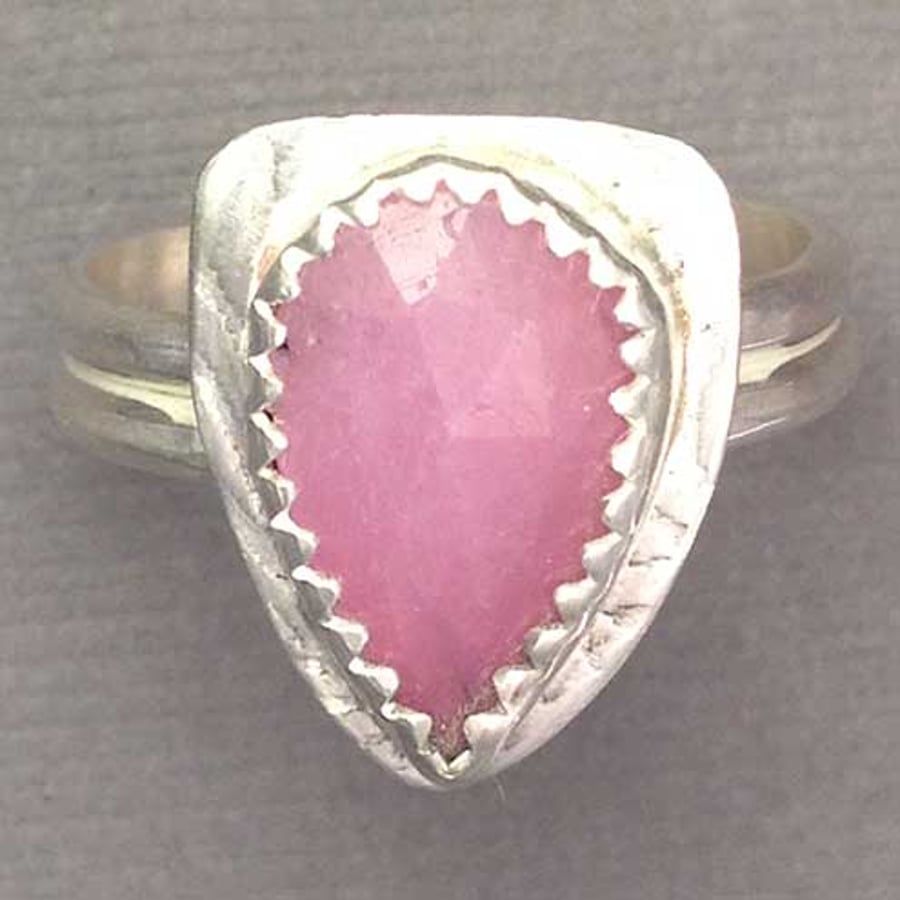Pink Sapphire and Silver shield ring size O