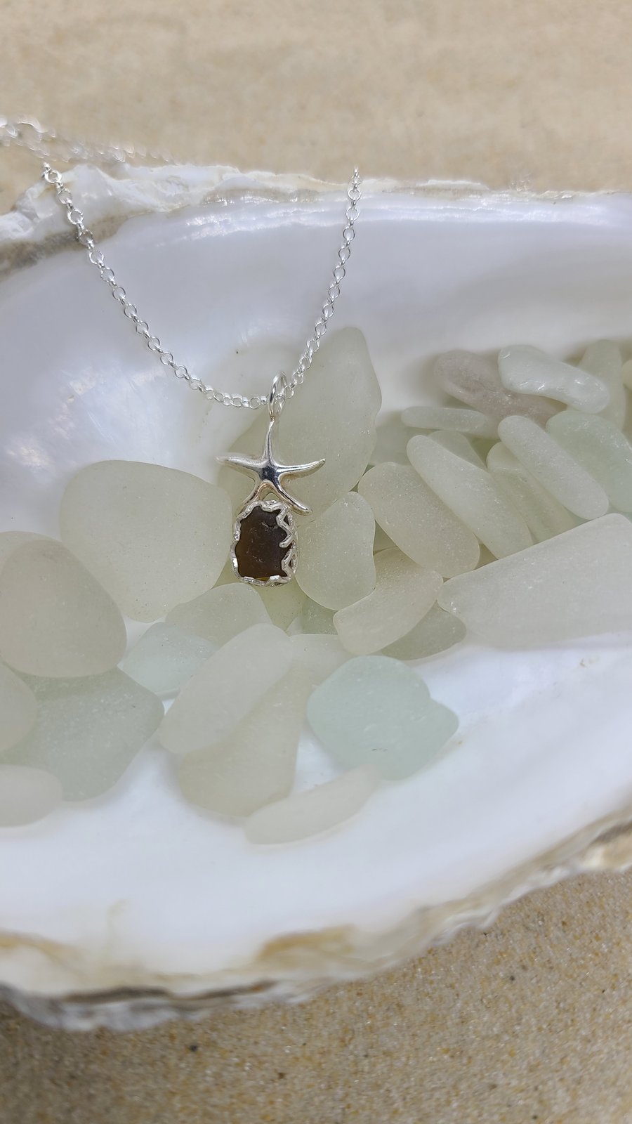 Silver starfish & amber sea glass pendant P6
