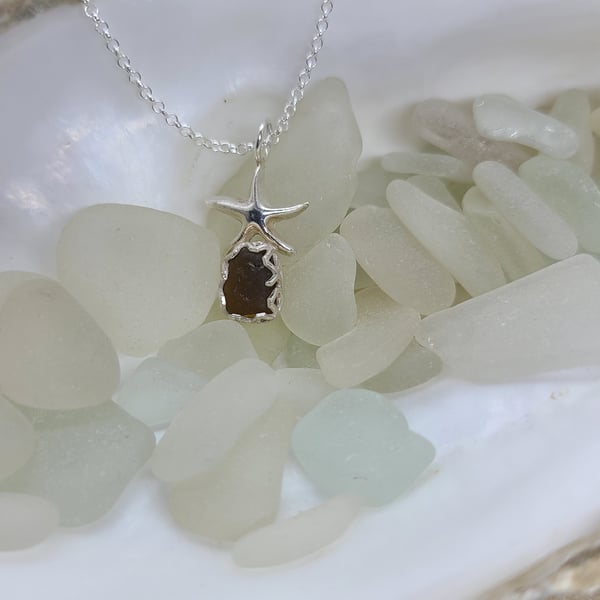 Silver starfish & amber sea glass pendant P6