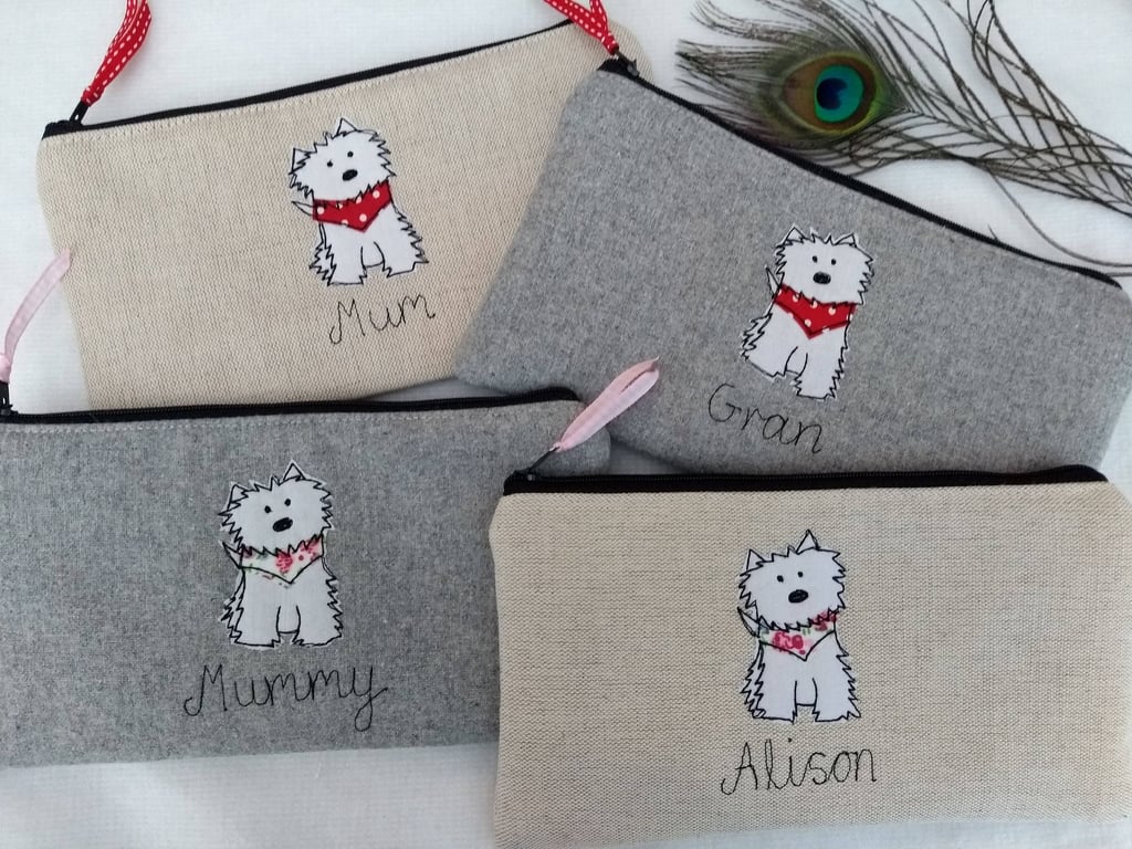 Personalised Westie Cosmetic Bag with Custom Name - Linen or Grey Makeup Bag