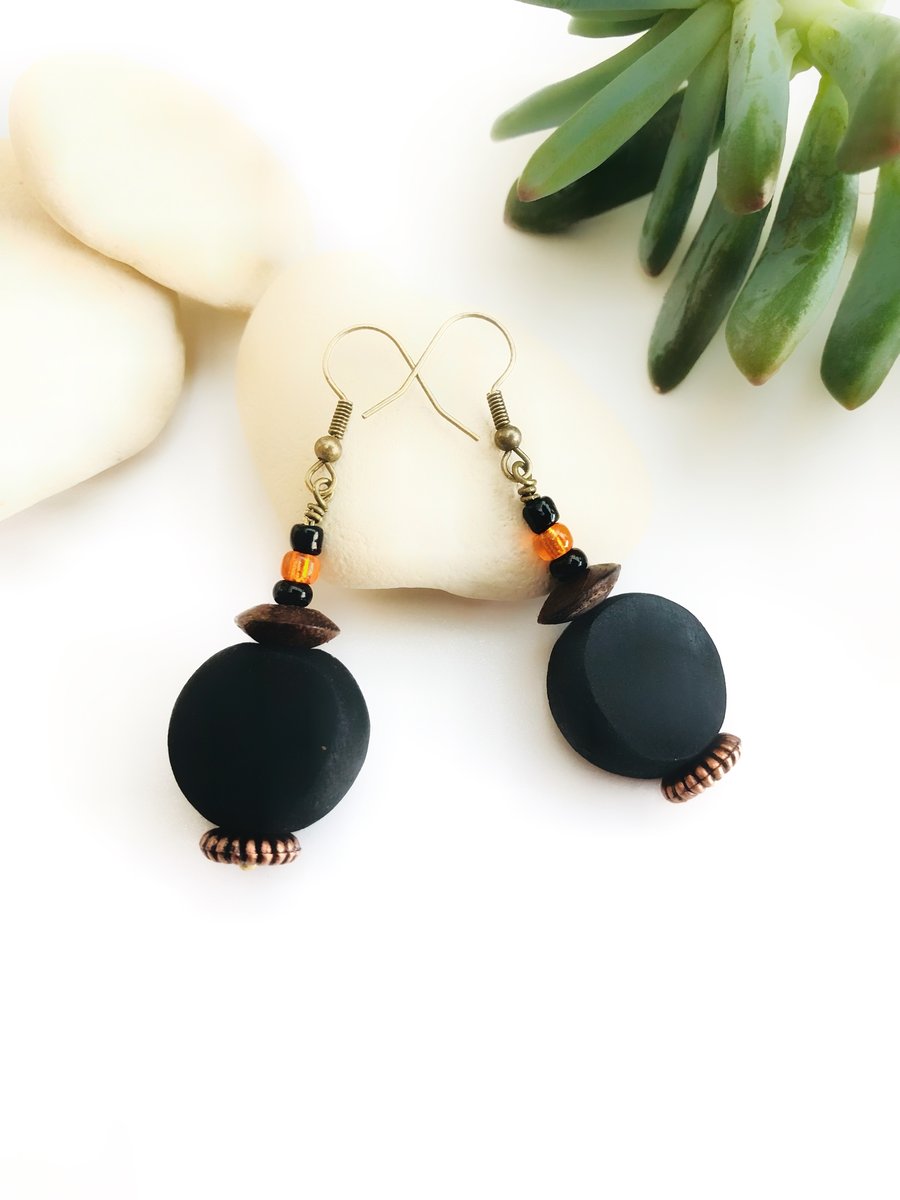 Boho Black and Brown Earrings with Glass Beads