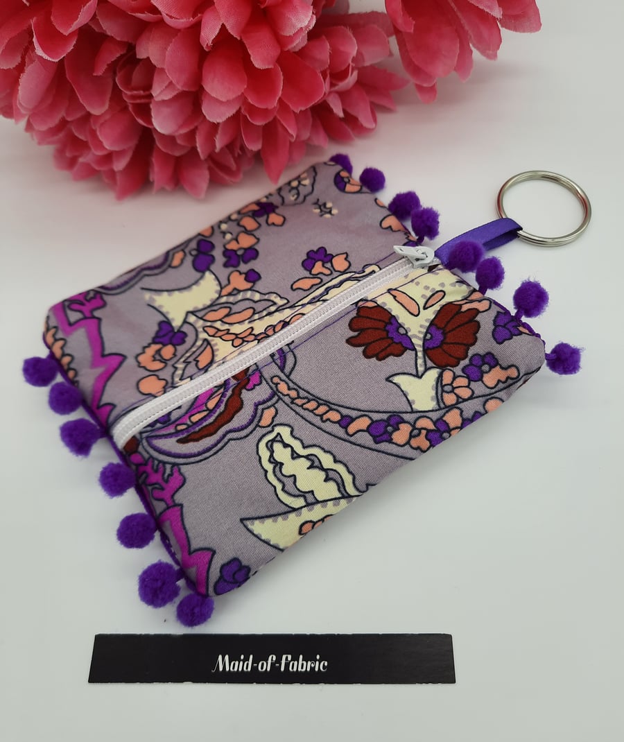 Coin purse keyring in purple pattern fabric. Free uk delivery.   