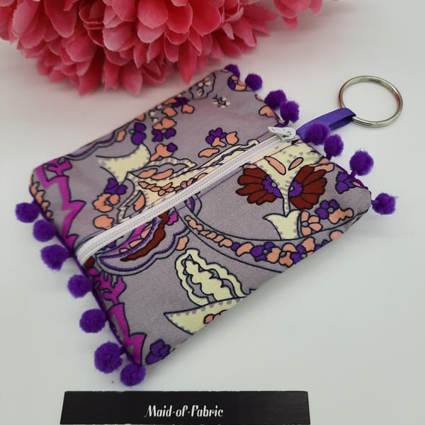 Coin purse keyring in purple pattern fabric. Free uk delivery.   