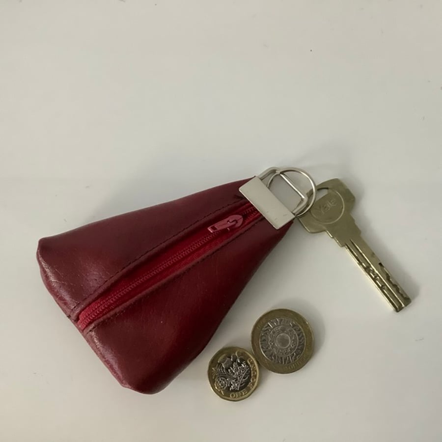 Red Leather Earphone Case Coin purse Keyring Cable Organiser.