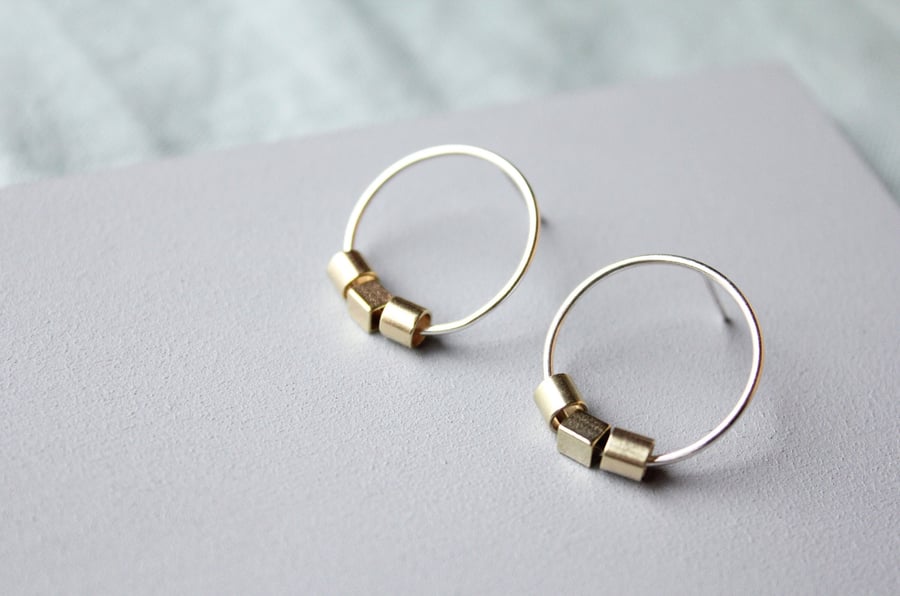 Silver circle studs, Silver and brass studs, Stud earrings, Silver studs, Minima
