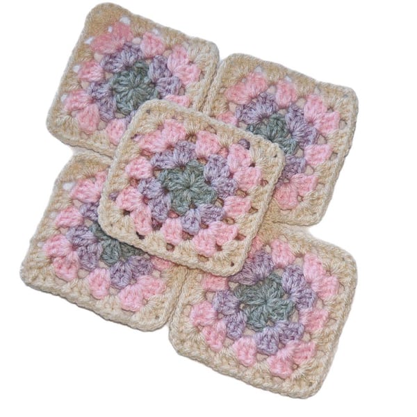 Handmade Pastel Granny Squares Blush Meadow Crochet Motifs (3-inch)