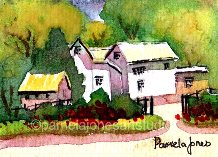 Country House Aceo, Original Watercolour, Miniature Painting, Size 3.5 x 2.5 "