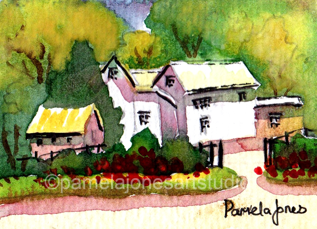 Country House Aceo, Original Watercolour, Miniature Painting, Size 3.5 x 2.5 "