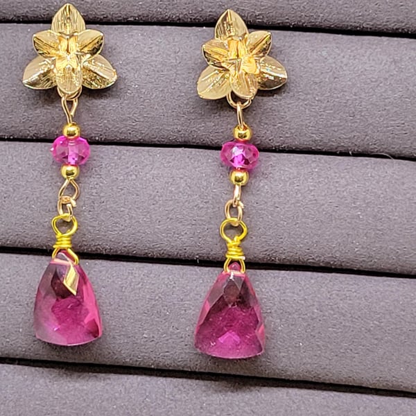 Pink Tourmaline & Sapphire Earrings: Gold Plated Orchid Flower