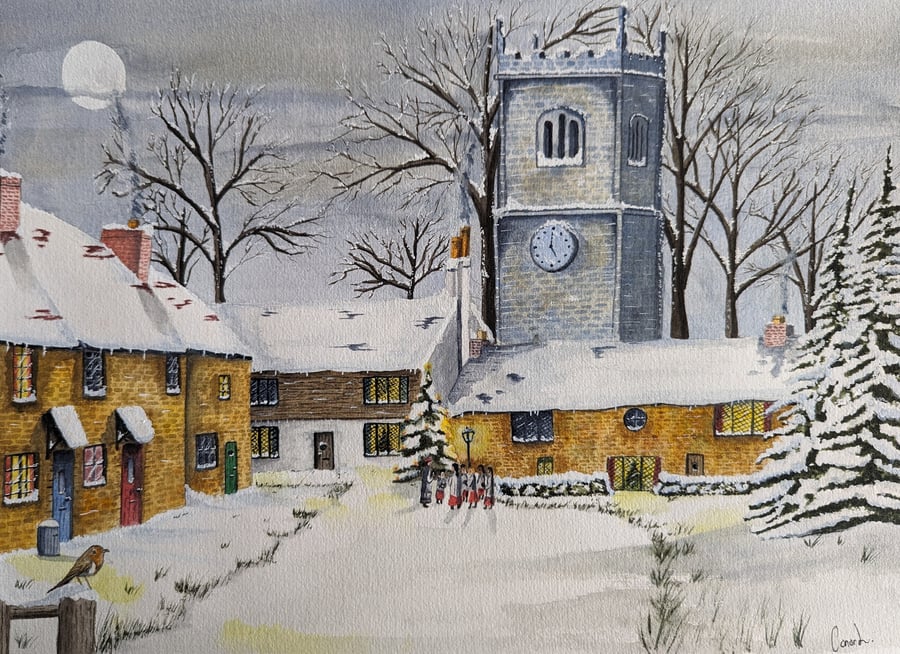 Christmas EveWinter Village Carol singers. A4 print watercolour print