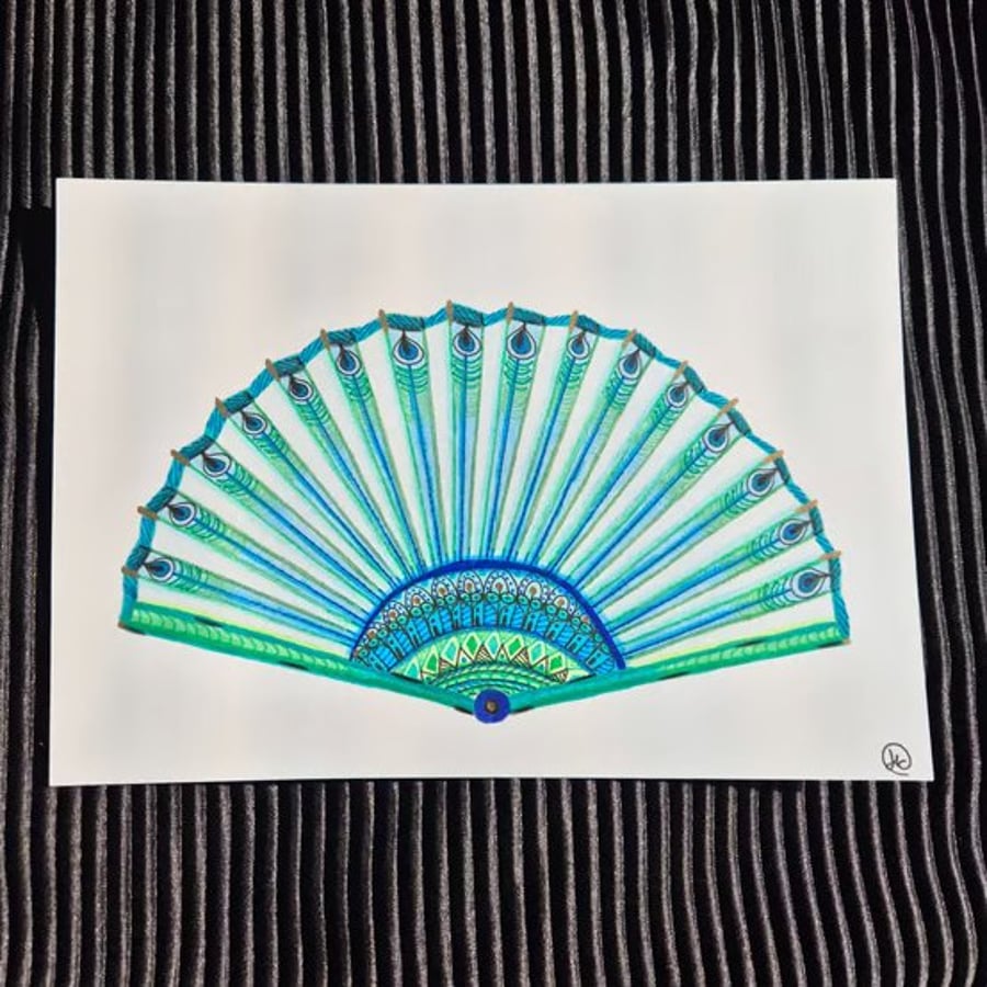 Original A5 Peacock Fan Art - Unframed Mandala Zentangle Style
