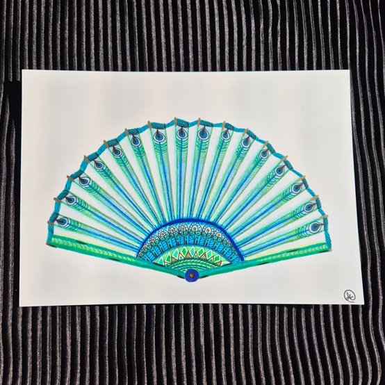 Original A5 Peacock Fan Art - Unframed Mandala Zentangle Style