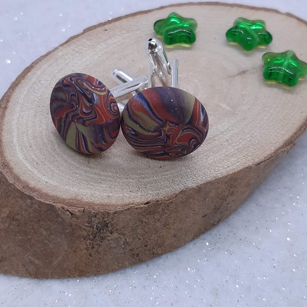 Cufflinks in brick red, sage and navy polymer clay 