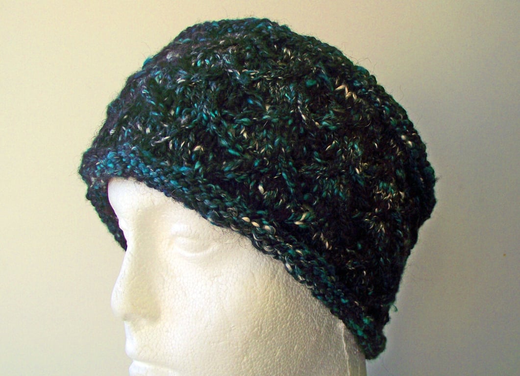 Headband, Earwarmer or Wide Hairband, Knitted Handspun Black Blue Green Alpaca