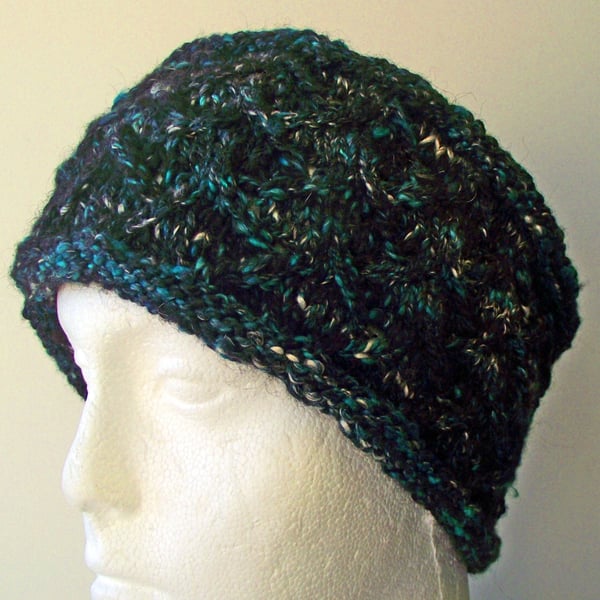 Headband, Earwarmer or Wide Hairband, Knitted Handspun Black Blue Green Alpaca