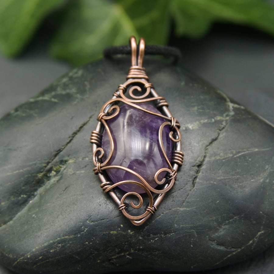 Copper Wire Scrolled Pendant - Purple Amethyst Wire Wrapped Pendant Necklace