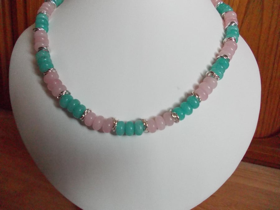 Aqua and Pink quartzite necklace