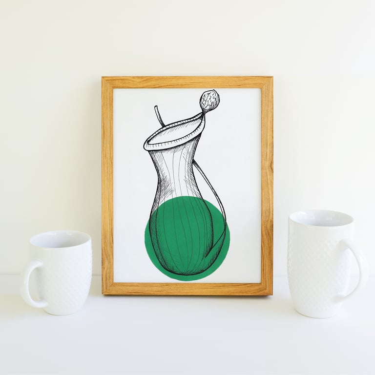 Minimalist Dark Green Pitcher Plant Illustration Fine Art Print