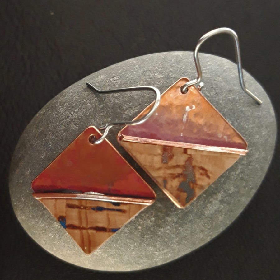 Cork and Copper Fire Painted Diamond Earrings
