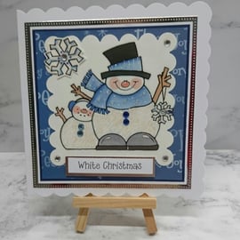 Christmas Card White Christmas Snowmen and Snowflakes 3D Luxury Handmade Card