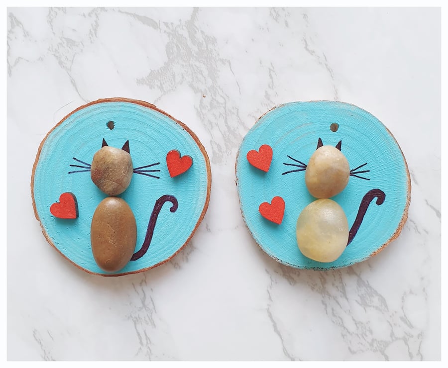 "FOR CHARITY", pebble cat painted ornaments