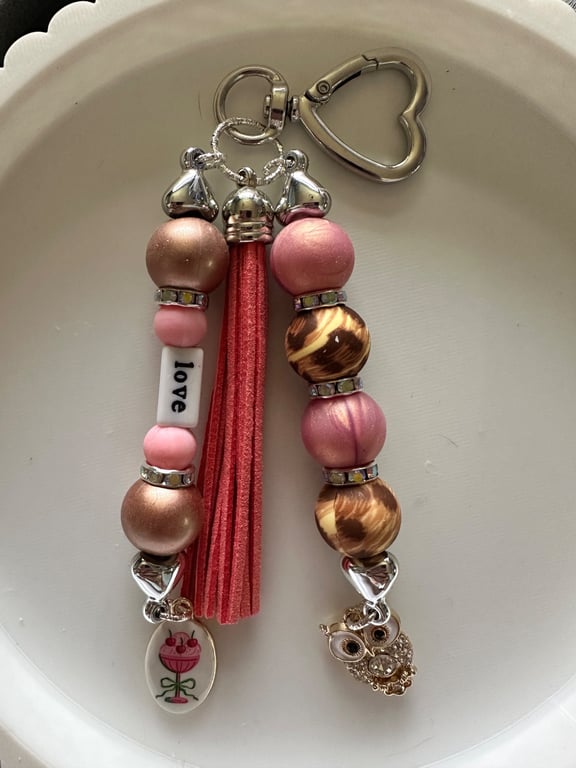 Pink and Leopard Print Beaded Keychain with "Love" charm and Owl, Wild Bag charm