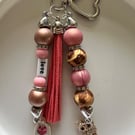 Pink and Leopard Print Beaded Keychain with "Love" charm and Owl, Wild Bag charm