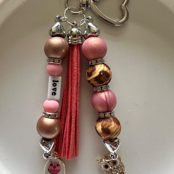 Pink and Leopard Print Beaded Keychain with "Love" charm and Owl, Wild Bag charm