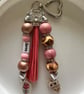 Pink and Leopard Print Beaded Keychain with "Love" charm and Owl, Wild Bag charm - Image 1