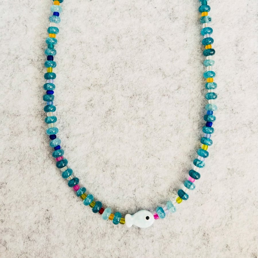 Glass Beaded Necklace with small porcelain fish 