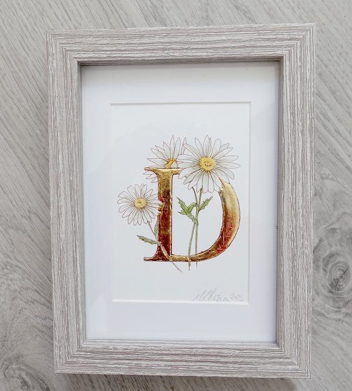 ACEO Mini Original Watercolour Daisy Art with 24 Carat Gold Letter Framed