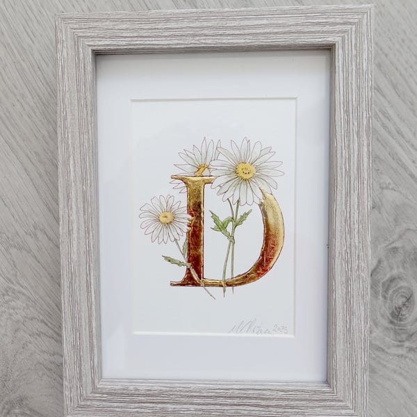 ACEO Mini Original Watercolour Daisy Art with 24 Carat Gold Letter Framed