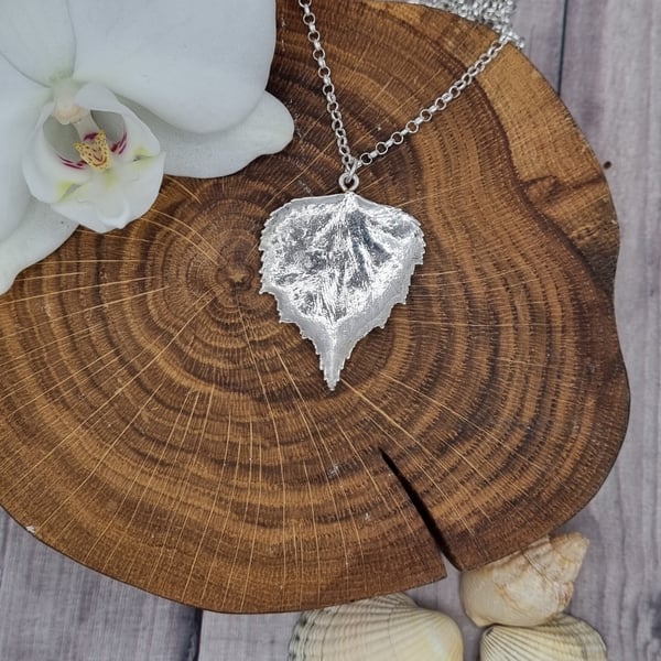 Real Birch leaf preserved in silver, pendant necklace