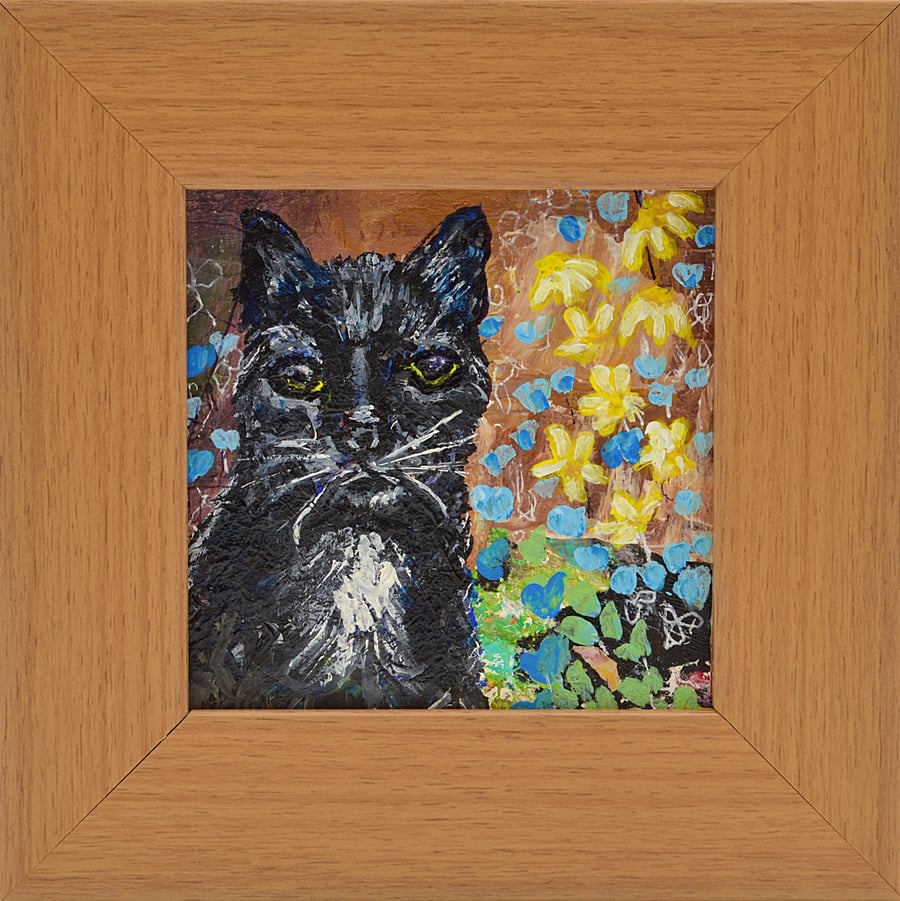 Small Framed Painting of a Black Cat (5.5 x 5.5 inches. Ready to Hang)