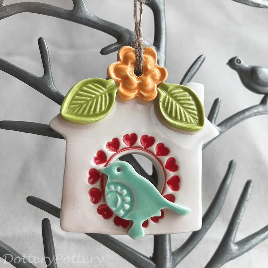 Small Ceramic bird house decoration Pottery bird house with flower and leaves