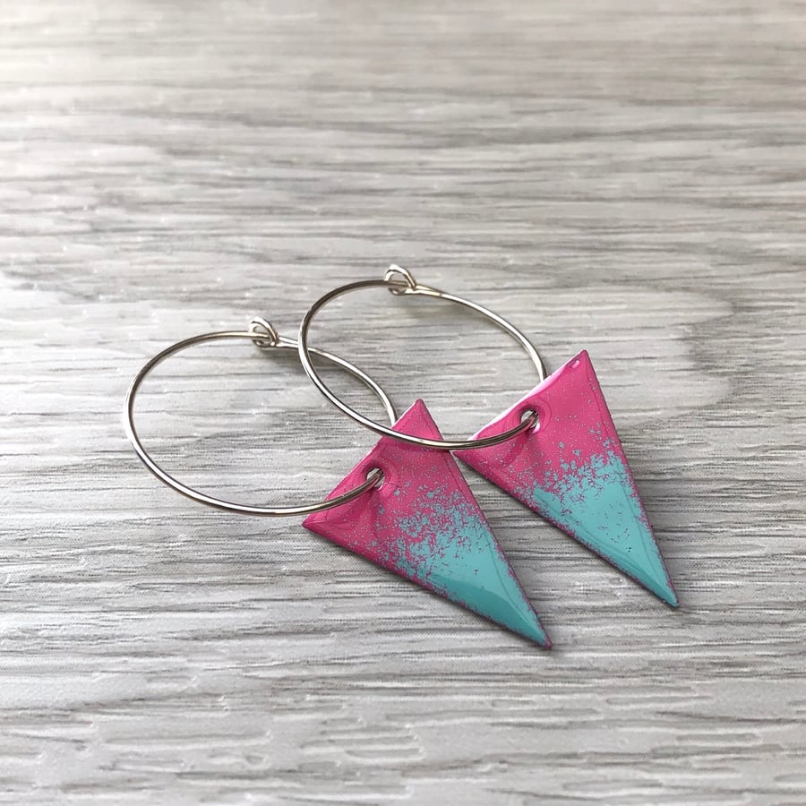 Pink & Turquoise Enamel Triangle on Sterling Silver hoop earrings