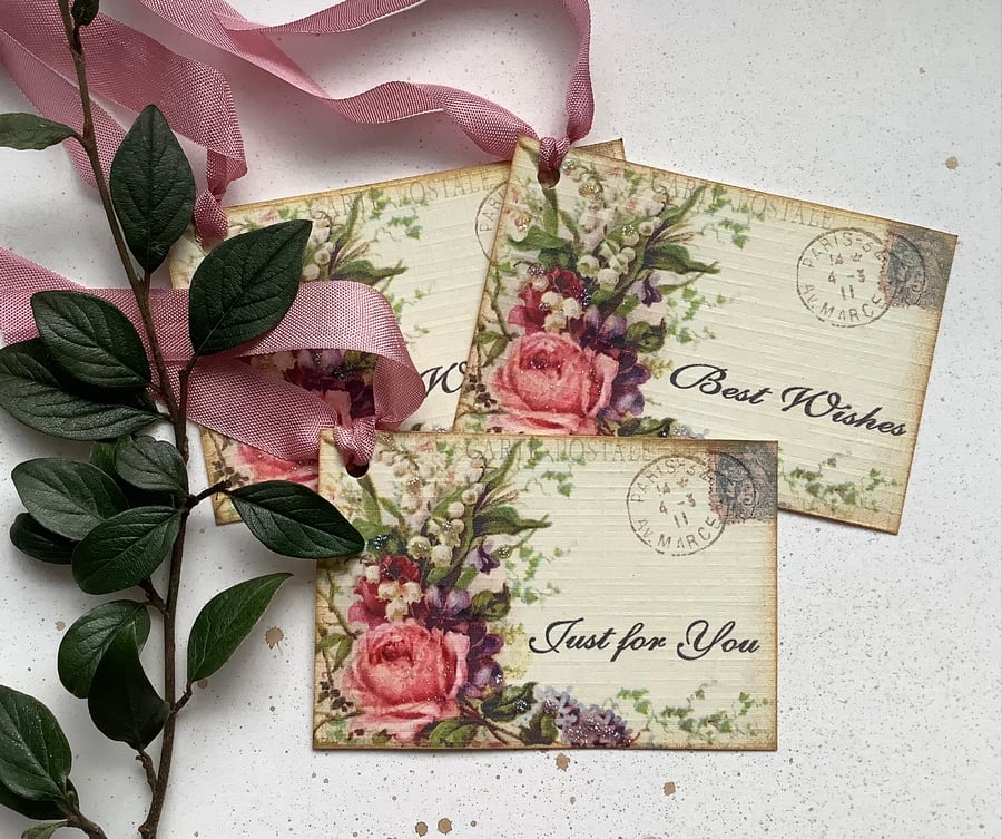 GIFT TAGS  ( set of 3 ) Vintage -style  ' Floral Postcard '  .ready to ship...