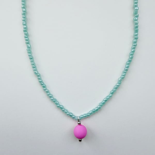 Summer Fun Light Pastel Pink Necklace with Green Contrasting Bead