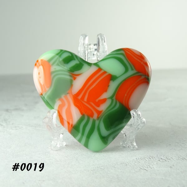 Orange Green Fused Glass Heart with Stand, Handcrafted Glass Art, 5x4.5cm (19)